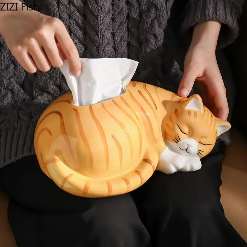 Creative Cartoon Orange Cat Shaped Tissue Box Coffee Table Desk Decoration Ceramic Tissue Box Bedside Table Paper Towel Case