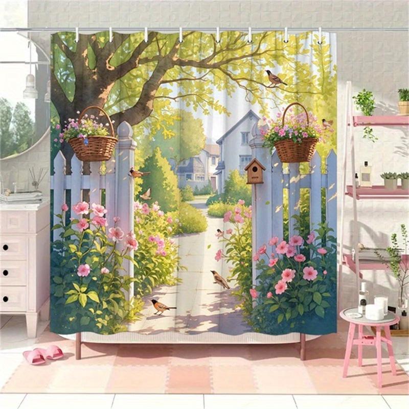 Whimsical Garden Pathway Shower Curtain - Blooming Flowers,Picket Fence, Polyester,70.8x70.8 Inches,Cottage-Style Bathroom Decor