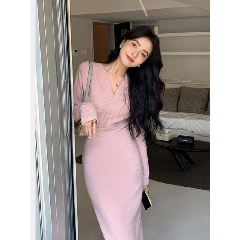 Pink Knitted Dress for Women's Autumn and Winter New High-cold Imperial Sister Wind Inner with Slim-fitting Bottoming Hip-wrapped Sweater Skirt
