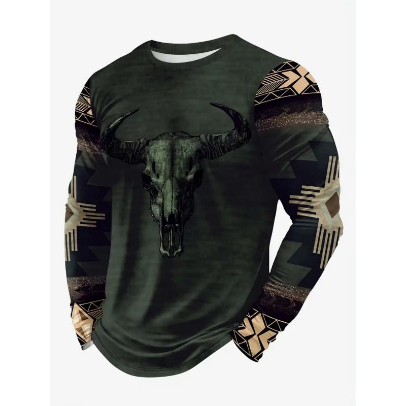 Vintage T-Shirt Animal Print Long Sleeve Tee Hunting Round Neck Shirt Fashion Spring Autumn Pullover Top Casual T Shirts for Man