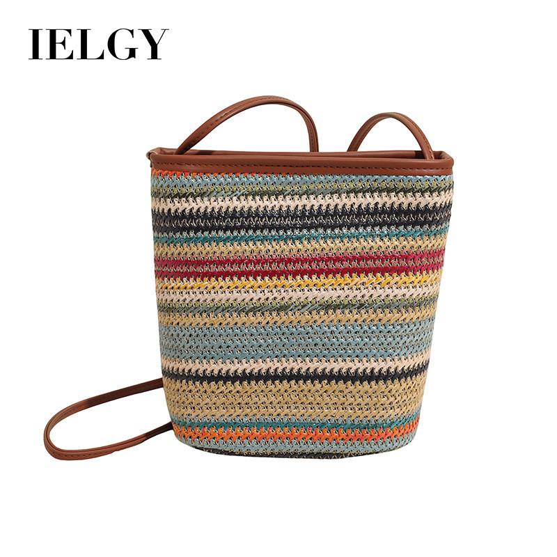 IELGY Hand-Woven Bag Seaside Vacation One-Shoulder Beach Cross-Body Bucket Bag