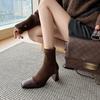 7CM French retro splicing temperament high-heeled boots 2025 autumn and winter new square head thick heel rear zipper light luxury short boots
