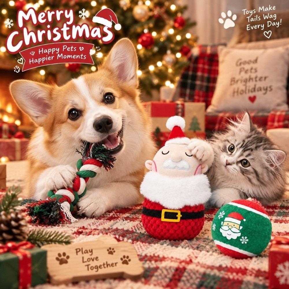3pcs Xmas Tree Pet Chew Toy Ball Christmas Santa Pet Toy Festive Puppy Biting Toy Large Dogs
