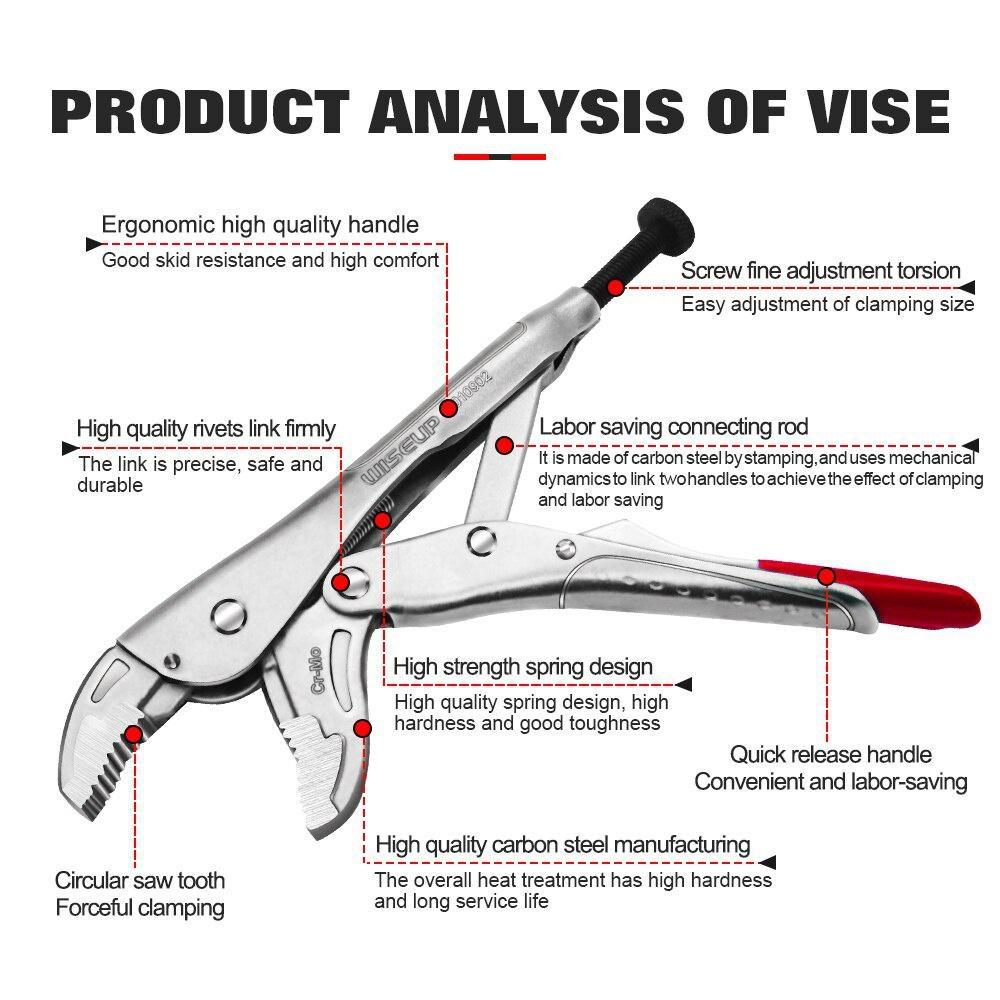 WISEUP 5" 7'' 10'' Curved Jaw Locking Plier Adjustable Nut Pliers Set For Water Pipe Car Mechanical Maintenance Home Hand Tools