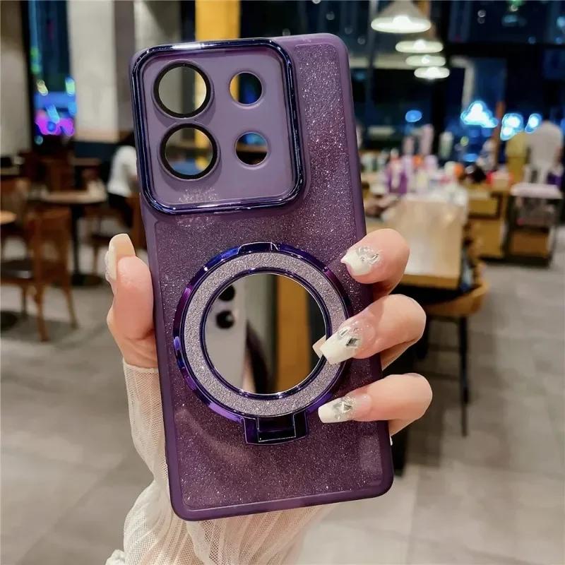 Lens Protection Film Glitter Silicone Soft Case for Oneplus 13R 1+13R Magnetic Mirrow Holder TPU Phone Bumper for One Plus ACE 5 Pro ACE5Pro 13
