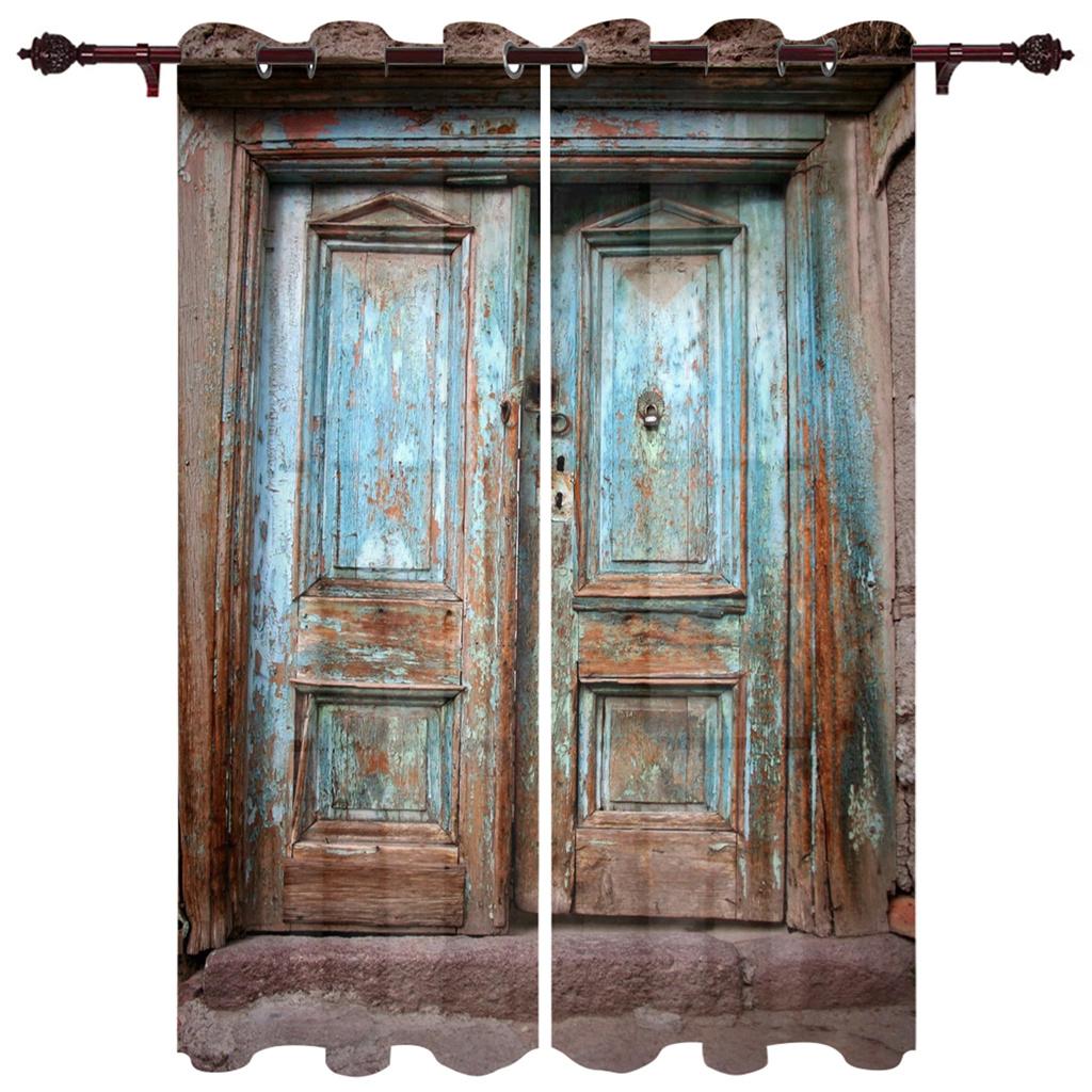 Rustieke Raamgordijnen Houten Deur Historisch Vintage Middeleeuwse Print Woonkamer Slaapkamer Decor Raamgordijn 135W165H(CM)53x65in&Hook