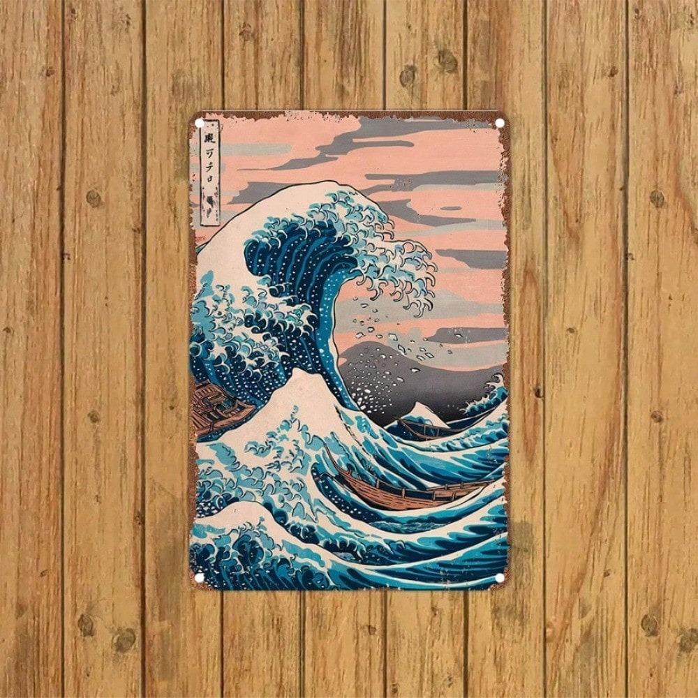 Vintage Metal Tin Sign Japanese Wave Wall Art Retro Home Decor for Cafe Bar Bedroom