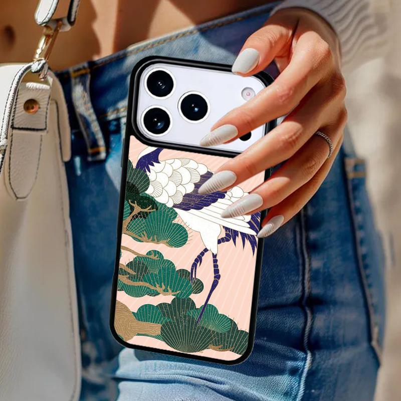 

Japanese Style Crane Cherry Phone Case For iPhone 17 Air 14 15 13 12 Max Cover For Apple 14 15 16 16e 11 Pro Max Plus iPhone 14