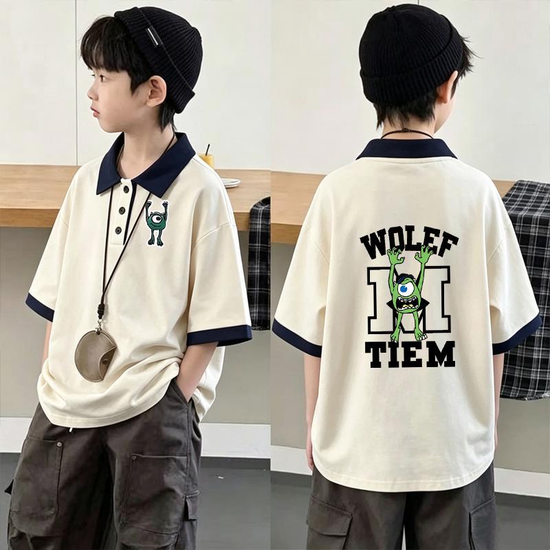 Boys' Loose Color-Block Cotton Polo Shirt - New Korean Style, Lapel Short Sleeve, Trendy Summer Top for Middle and Big Kids