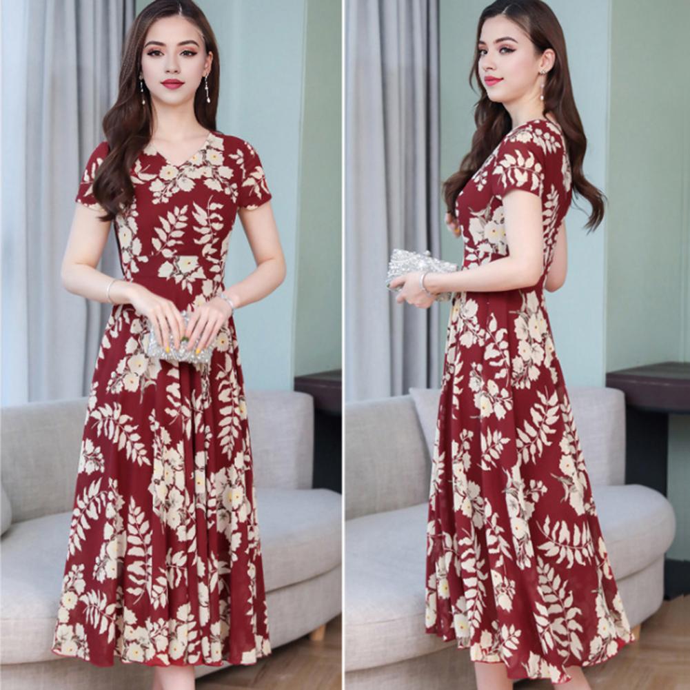 Women Midi Dress V-Neck Short Sleeve Waist Tight Flowy Hem Dress Leaf Printed Office Dress Leisure Party Wear