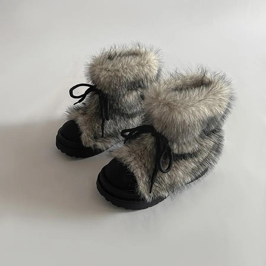 Stylish Faux Fur Women's Winter Snow Boots, Anti-Slip Thick Bottom Snow Boots with Plus Velvet and Big Head Cotton Boots
