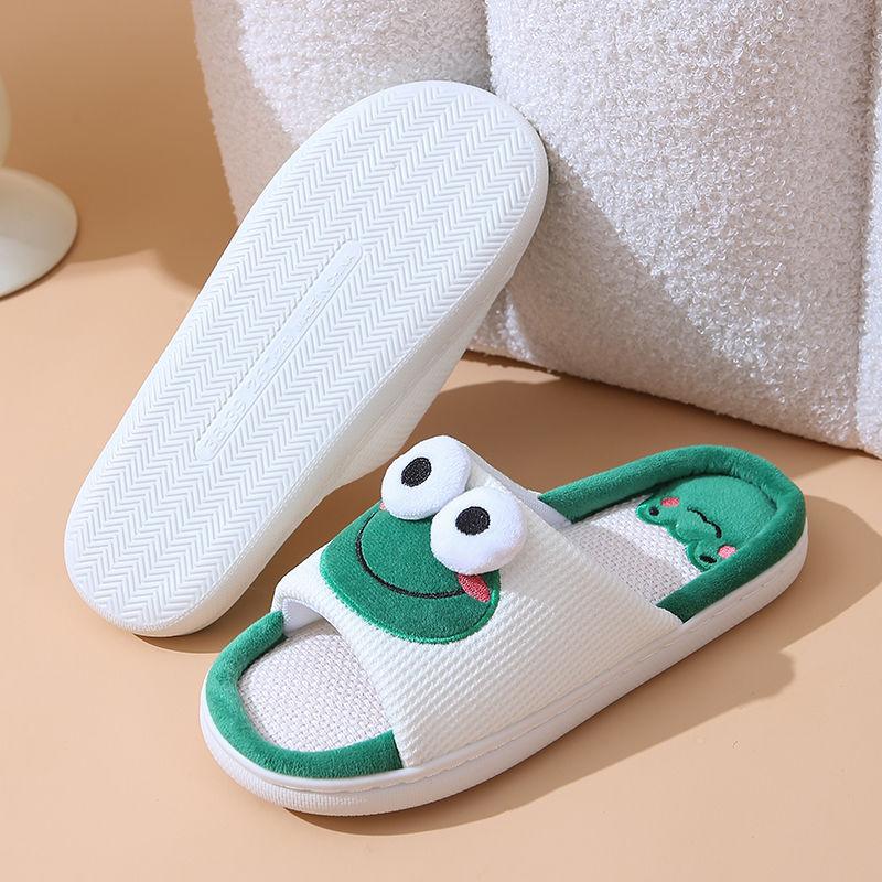 Søte dyr Lintøfler Kvinner Par Sklisikker Tykksåle Vår Sommer Bomull Lin Kule tøfler Hjemmetøfler