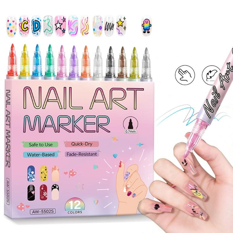 12 Color Quick Dry Nail Art Pens Fine Tip for Precise Drawing Not Require Lamp Water Based Safe for DIY Manicures