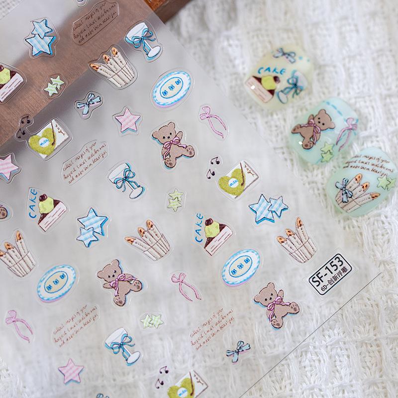 Sky Little Yellow Bear Cute Childlike Nail Art Stickers with Stars, Bows & CCD Camera Phone Jelly Stickers