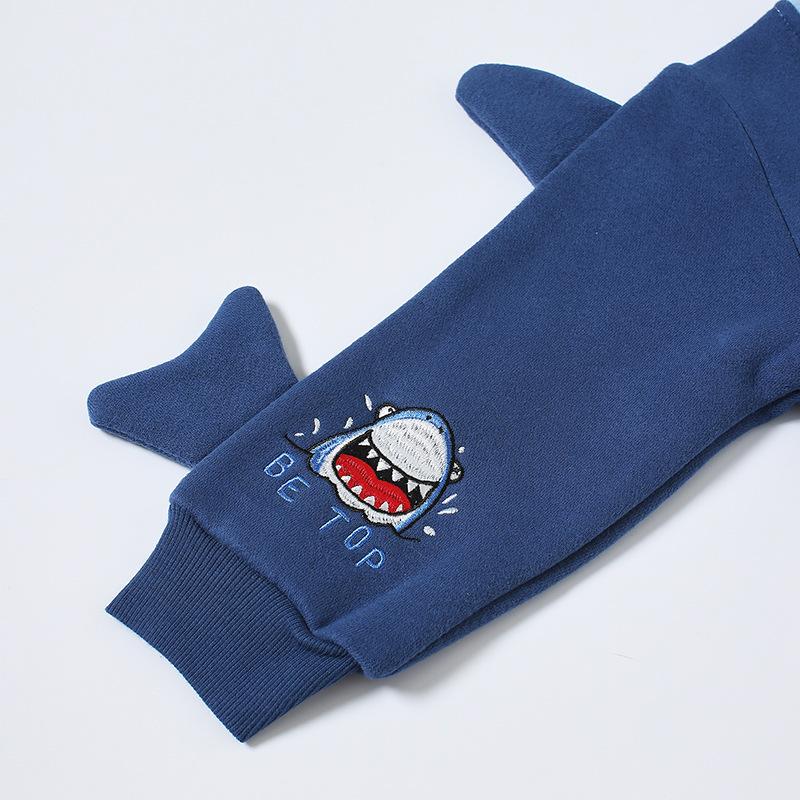 Winter Boys Long Sleeve Sweatshirts Velvet Cute Cartoon Shark Embroidery Soft  Cotton Baby Children's Pullover Clothes