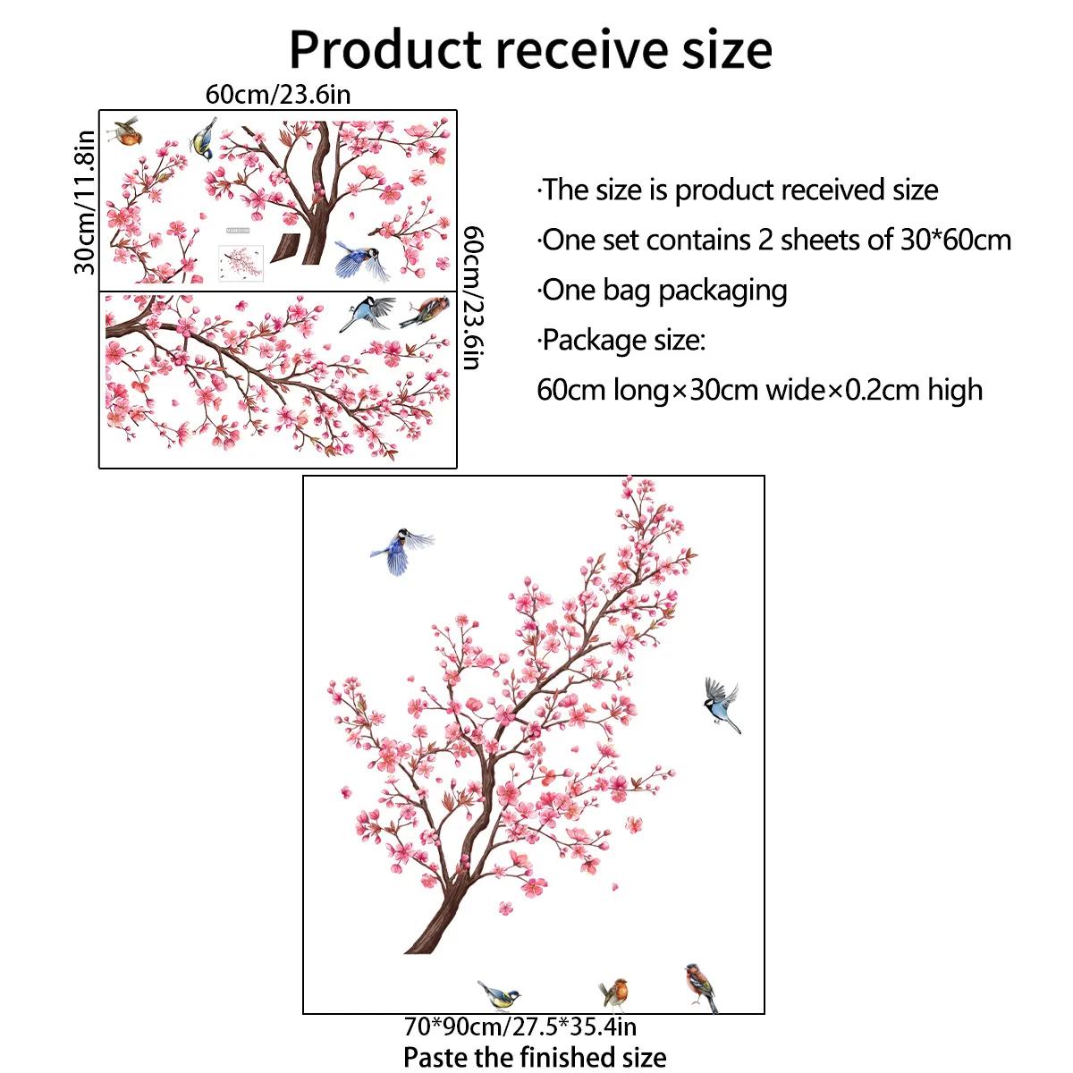 

Pink Peach Blossom Flowers Branch Birds Floral Wall Stickers for Bedroom Living Room Furniture Background Wall Decals Murals PVC