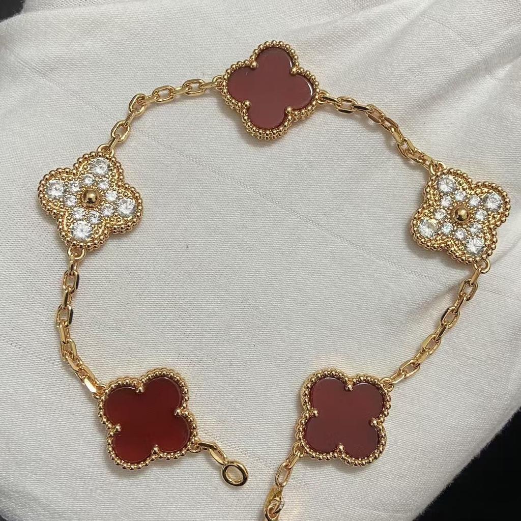 Nouă Versiune Brățară Trifoi cu Patru Foi Cinci Flori Agat Roșu Natural Sidef Alb Brățară Dama Brățară Laser