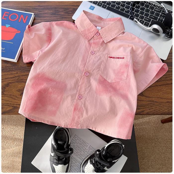 Boys Summer Retro Tie Dye Pink Short Sleeve Shirt Lightweight Breathable 90
