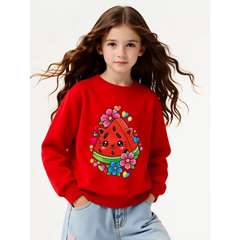 Kids Sweatshirt,Crew Neck Fashion Top, Fun"Cute Watermelon Cat Flower Hearts "patterned Sweatshirt, for Everyday Casual Wear,Casual Daily Sweatshirt