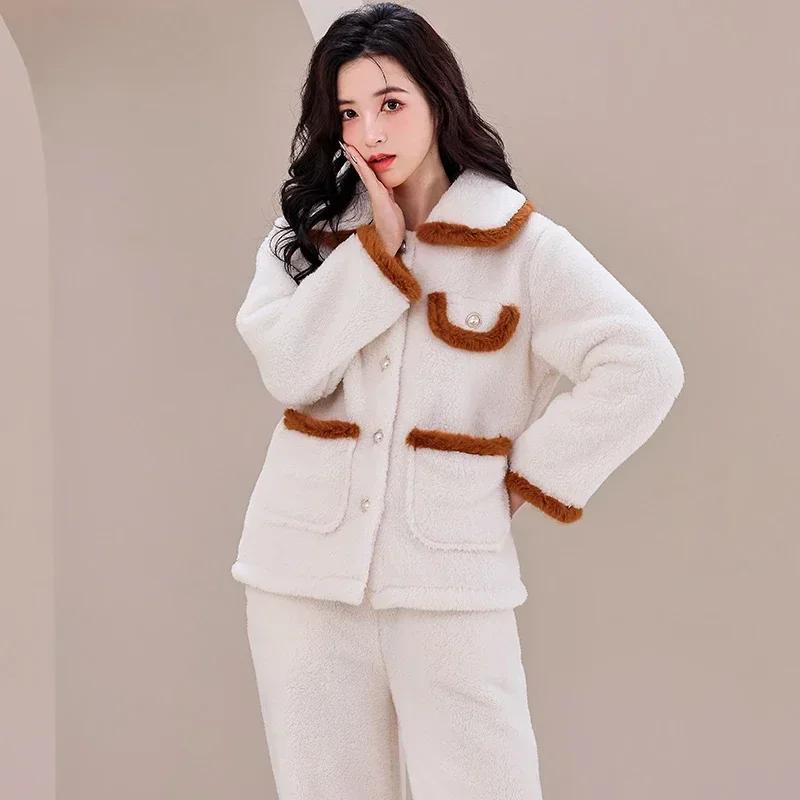 Winter Long Sleeve Thick Warm Flannel Pajama Sets for Women Coral Velvet Cardigan Sleepwear Suit Pyjamas Homewear Luxury Clothes