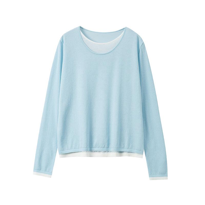 

Контрастный цвет, имитация двойки, пуловер с круглым вырезом, вязаный свитер, женский летний тонкий с длинным рукавом, внутренний повседневный и тонкий базовый топ one size fits all синий