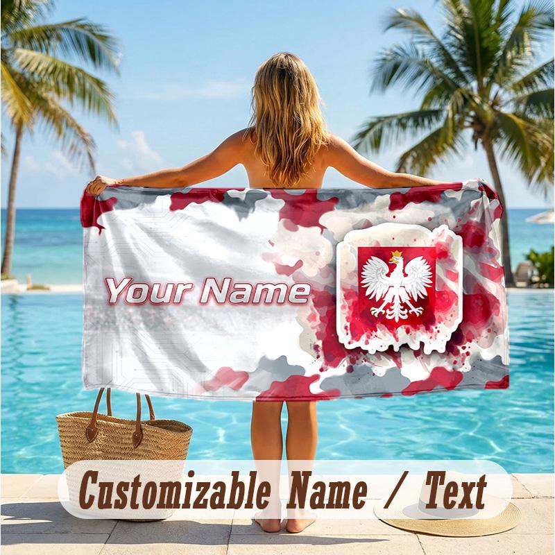 Custom Text Beach Towel, Soft Absorbent Swimming Multi-use TowelPoland Football