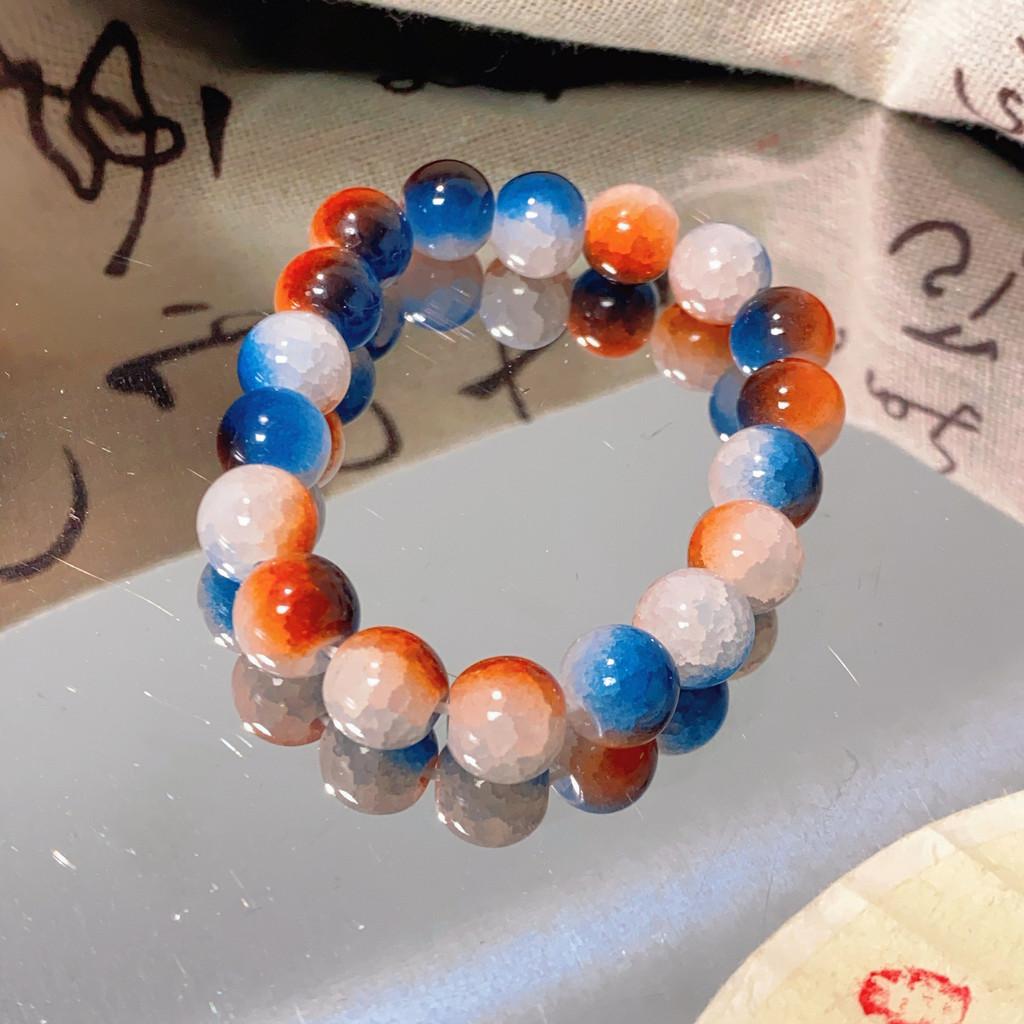 Modern Chinese Style Handmade Bracelet With Deep Sea Glass And Blue Tiger Stones Eye