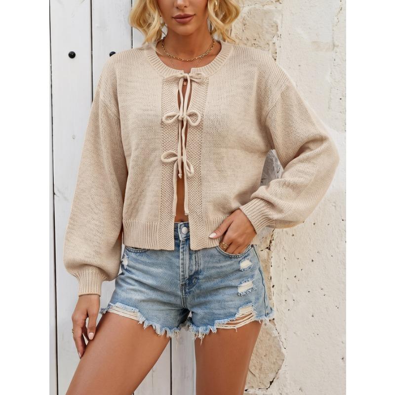 Women S Solid Color Knit Cardigan With Tie Closure Casual Outerwear