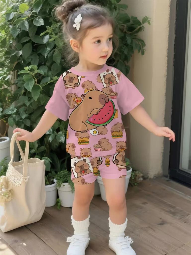 Girls Summer 2 Piece Set Cute Capybara Animal Print Short Sleeve Top And Shorts Casual Outfit For Kids Daily Wear
