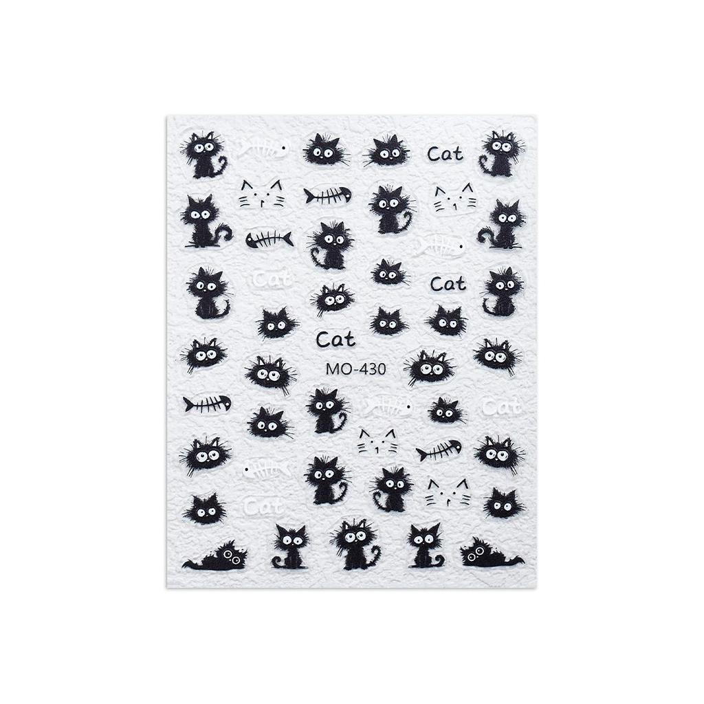 Cute Cat & Fishbone Nail Stickers - Frizzy Kitten Embossed Design