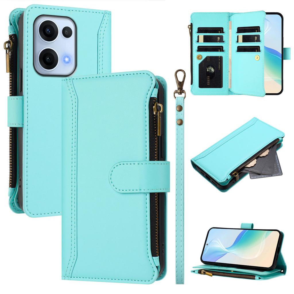 For Oppo Reno13 5G (Global) Leather Case 9 Card Slots Zipper Wallet Stand Phone Cover with Wrist Strap