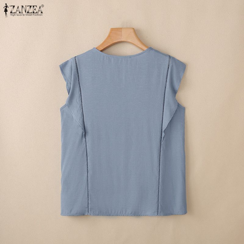ZANZEA Women Casual Round Neck Solid Color Summer Short Sleeve Blouse