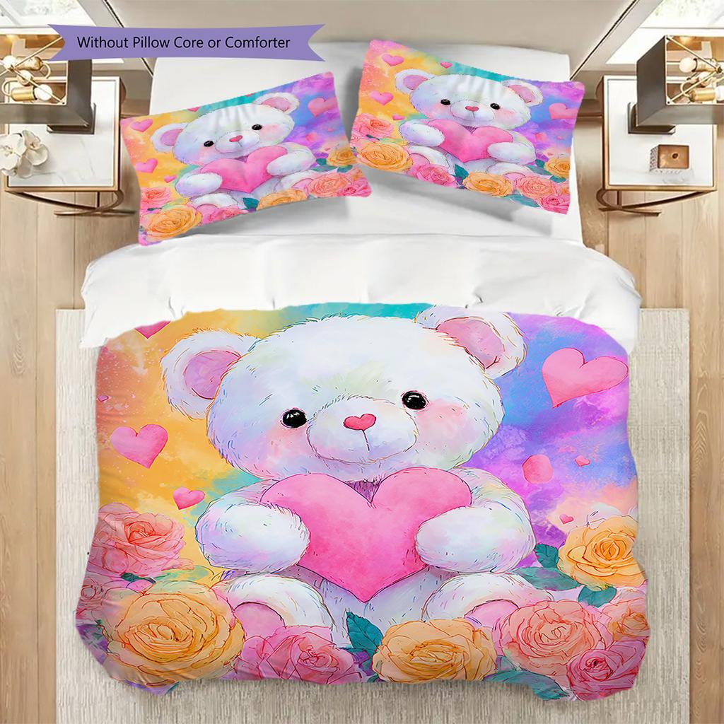 Bear Doll Pattern Bedding Quilt Set Quilt Cover Pillowcase Home Decoration Birthday Gift (1 * duvet cover + 2 * pillowcase, without core)