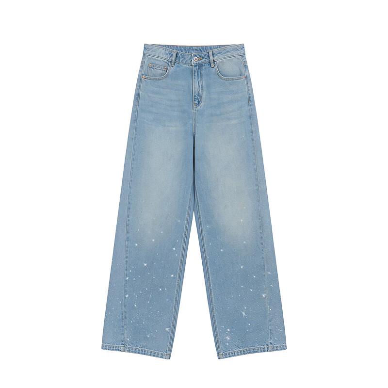 GREEN BELT Blue Washed Rhinestone Slim Loose Wide-Leg Jeans