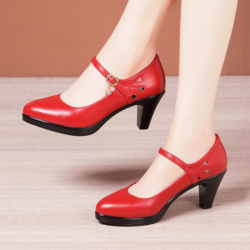 Woman Genuine Leather Shoes Women Pointed Toe Pumps Solid Shallow High Heels Wedding Party Work Shoes Plus Size 32-43