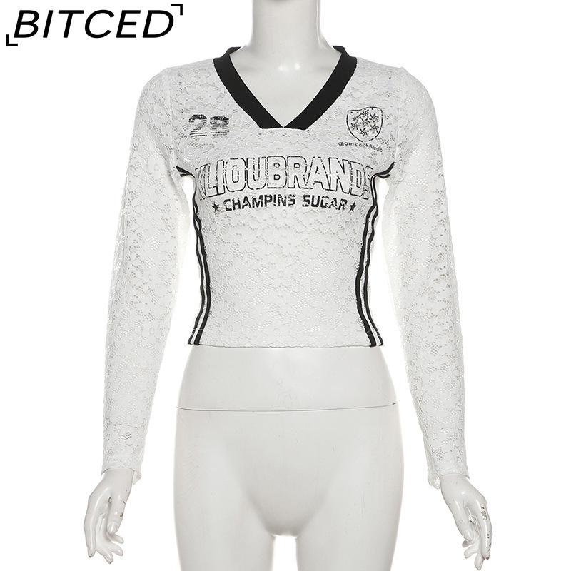 BITCED Autumn Women's Solid-Colour Slim-Fit Cropped V-Neck Long-Sleeved Printed Top