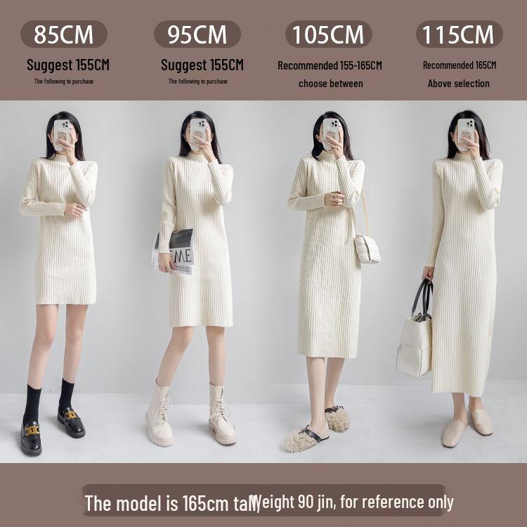 Women's Long-Sleeve Knit Dress for Layering, Mid-Length Over-the-Knee Style