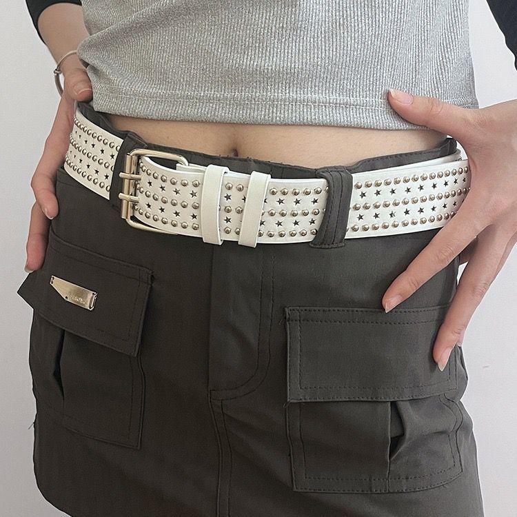 AI Supermarket Star Hollow Rivet Punk Belt - Double Layer Hip Hop Trendy Belt for Girls three rows of rivets wit