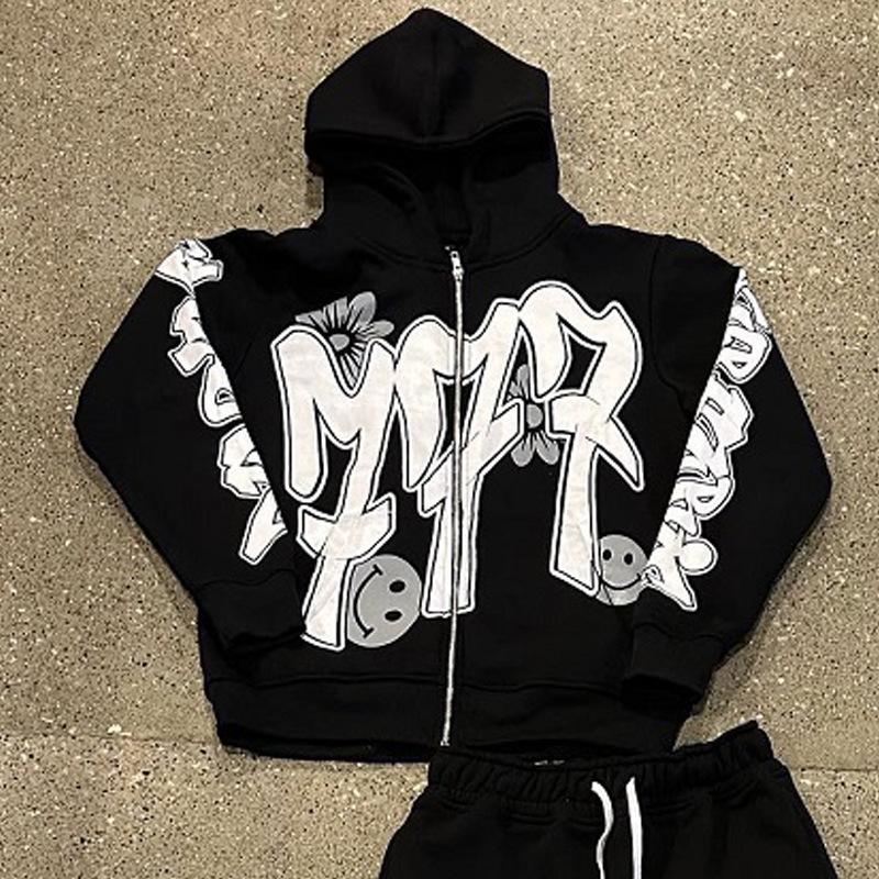 2025 Autumn and Winter Trend New Design High Street Print Hooded Hip Hop Street Style Casual Sweater Set