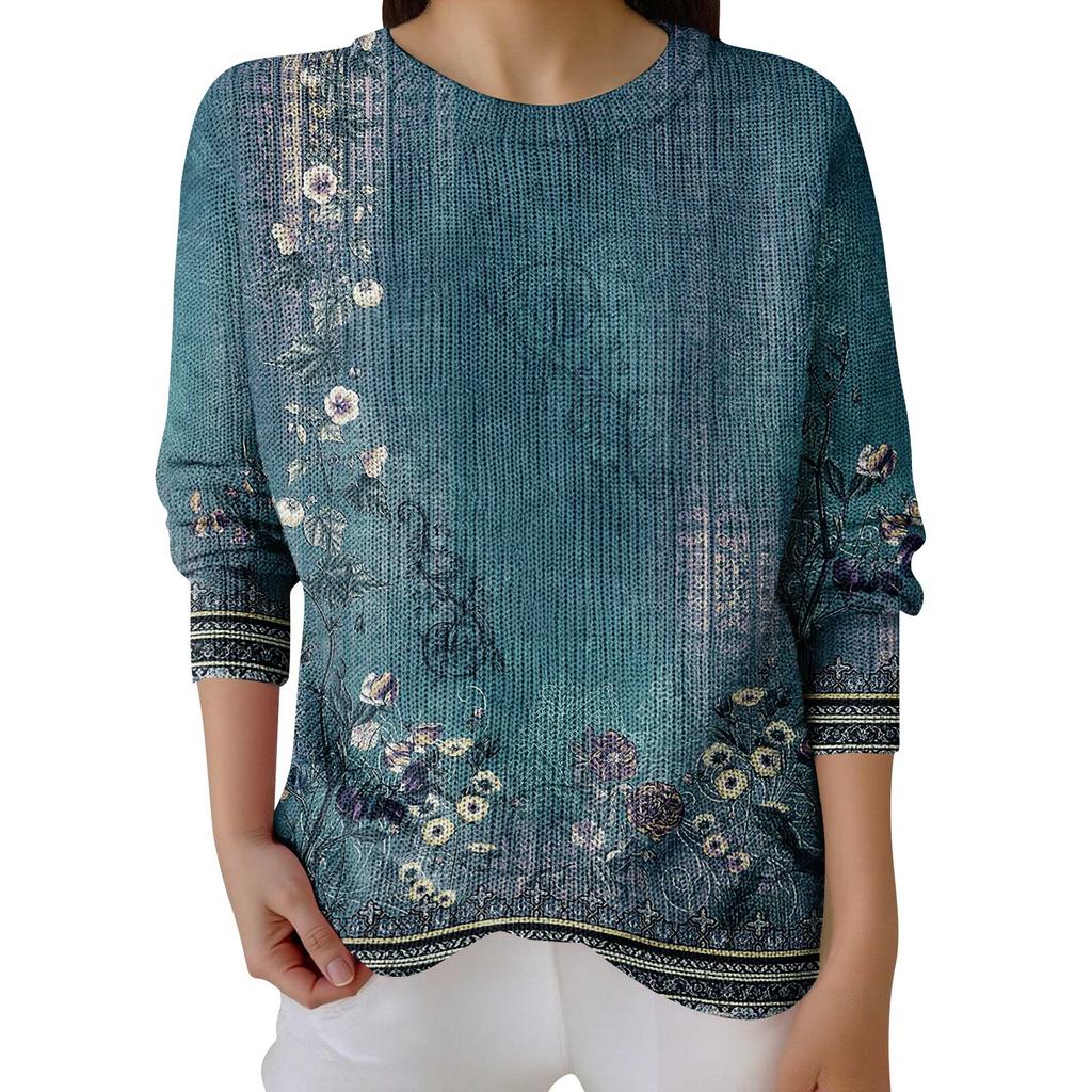Long Sleeve Pullover Sweaters For Women O Neck Casual Cute Printing Knit Oversized Sweater