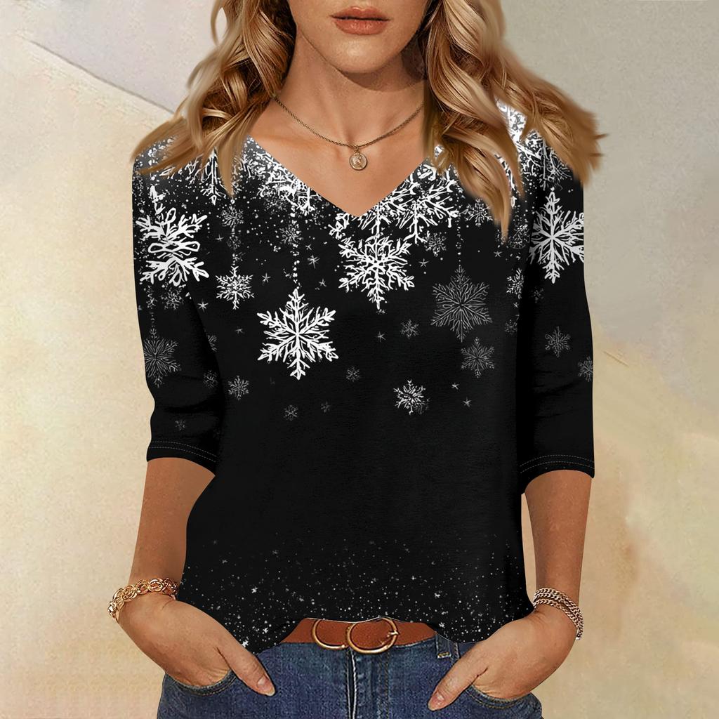 Women's T Shirt CHristmas Print 3/4 Sleeve Daily Weekend Fashion Basic V- Neck Regular Top