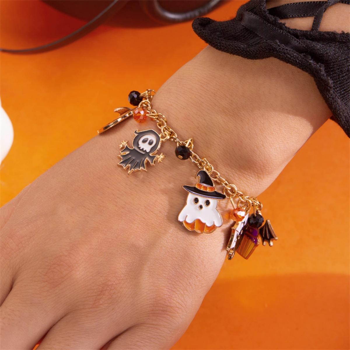 

Funny Halloween Bracelet Cartoon Ghost Pumpkin Spider Evil Eye Bat Black Cat Skull Charm Chain Bangle Boho Jewelry For Women Men