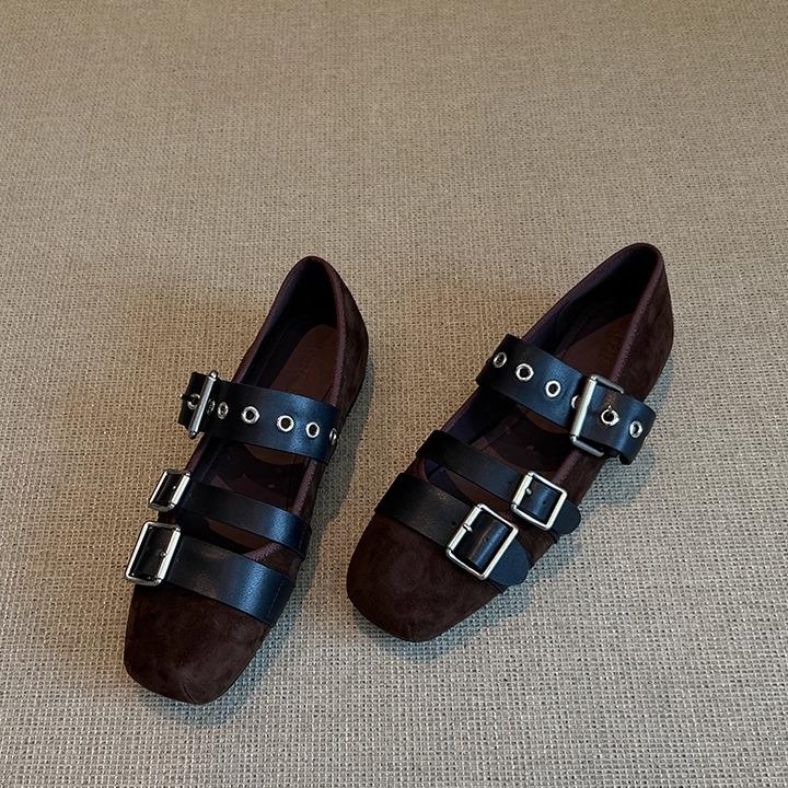 Cowhide Version~ Leather Single Shoes Square Head One-word Buckle Mary Jane Shoes Women's Shallow Jk Shoes Ballet Flats