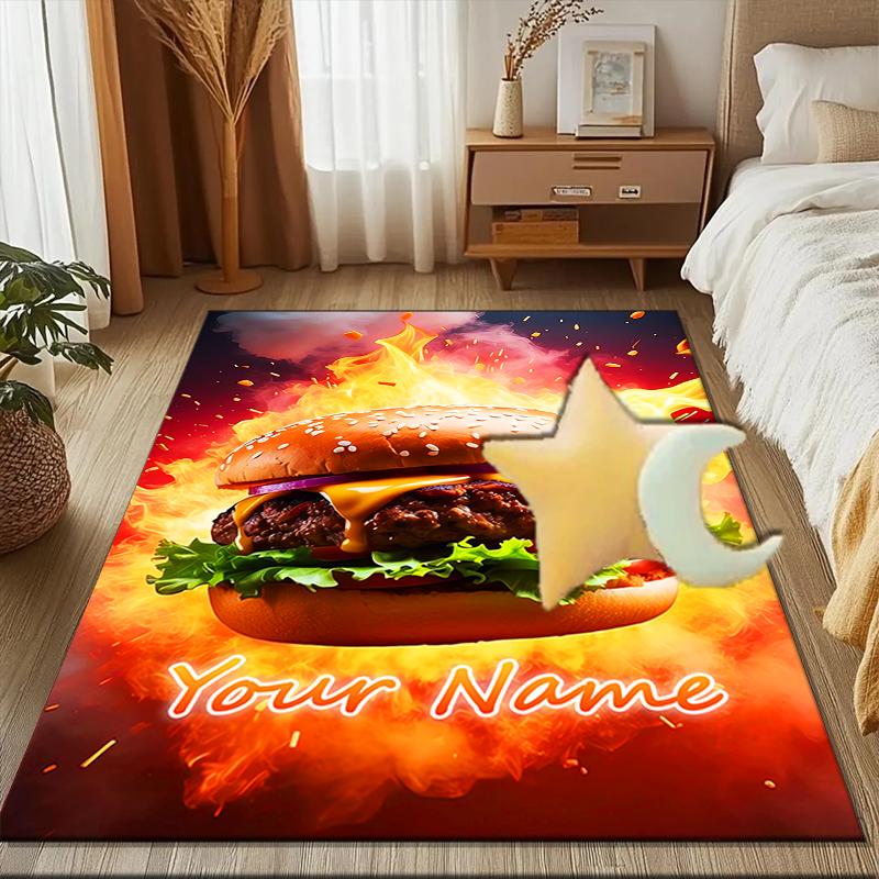 1PC Custom Name Burger Delight Theme Floor Mat Ideal for Living Room, Game Rooms, Office, Bedroom, Floor Mat Playful Design