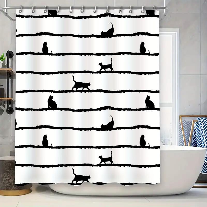 

Black Cats Silhouette Shower Curtain Set For Bathroom Decor 3D Print Waterproof Shower Curtains Black White Cat Design Home Deco W60H190(CM)-1 Pcs