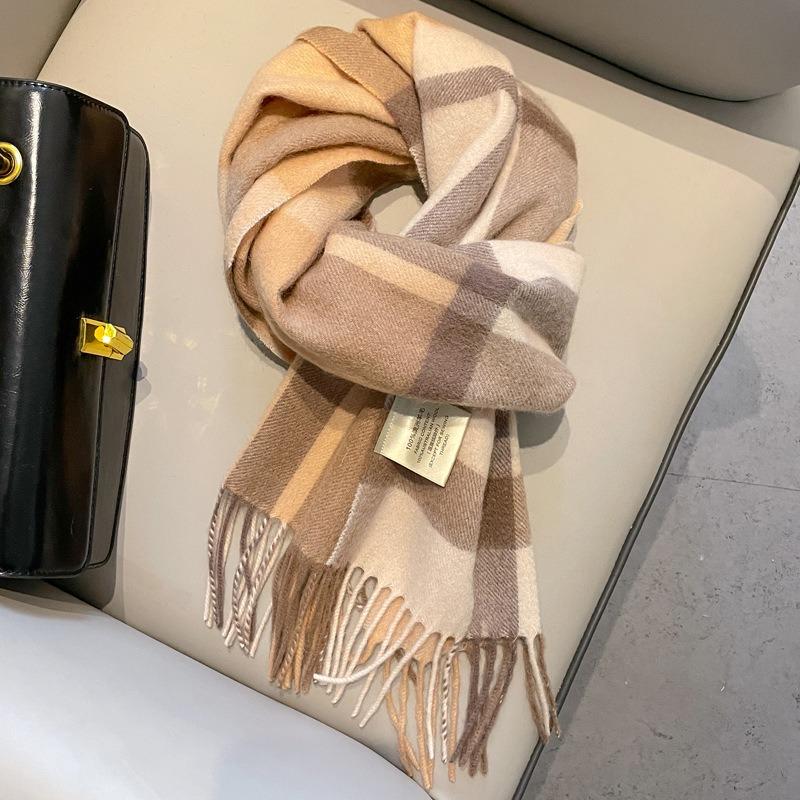 Camel brown 100 pure wool plaid scarf khaki women's winter thickened warm fringed shawl scarf