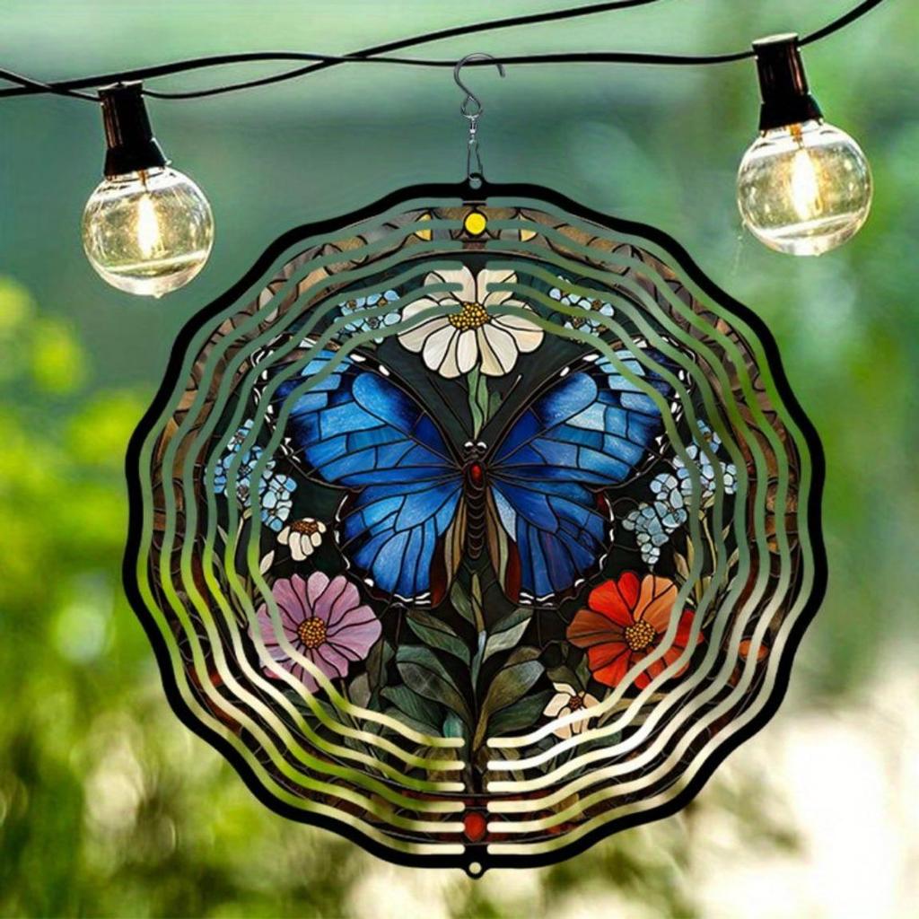 Blauer Schmetterling Floral Metall Windspiel Außengartendekor Rotierend Windbetrieben Kein Strom Naturfreunde Geschenk Terrasse Hof Dekoration