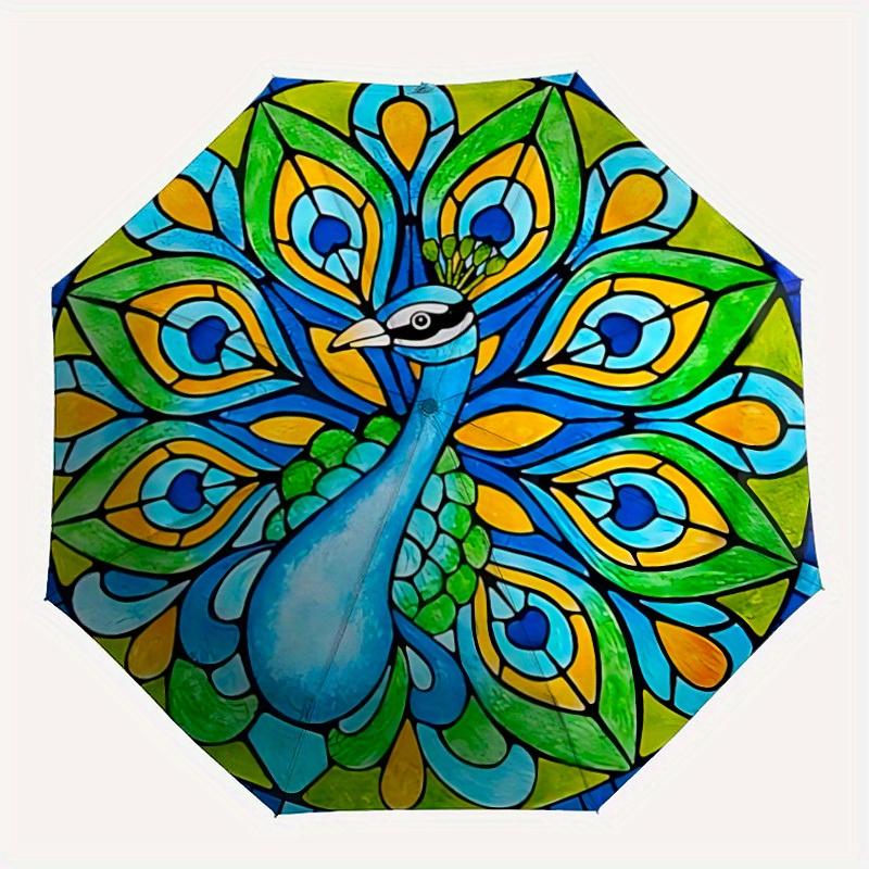 

1pc Peacock Stained Glass Automatic Umbrella - 8-Rib Foldable Design, Outdoor Adventures, and Family Celebrations yy250829030