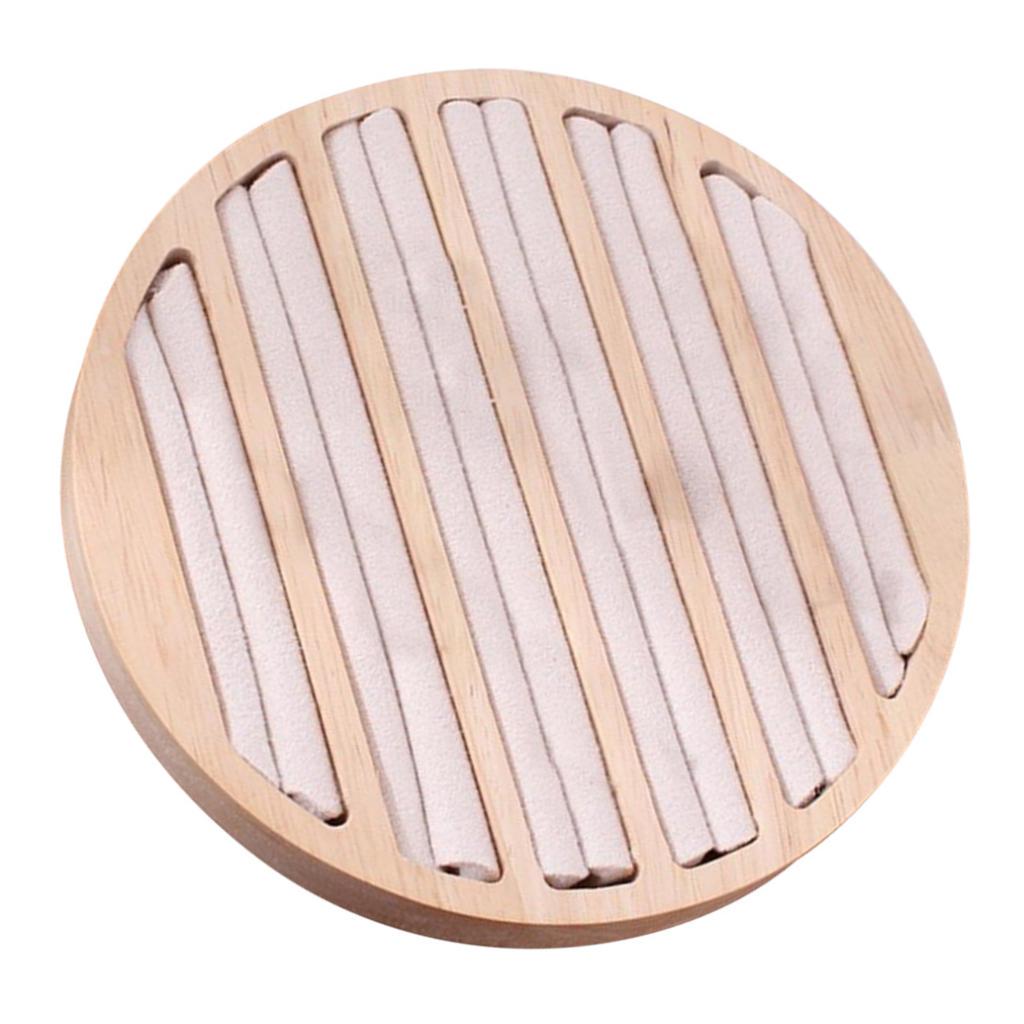 Round Wooden Jewelry Showcase Ring Display Tray Organizer White Leather