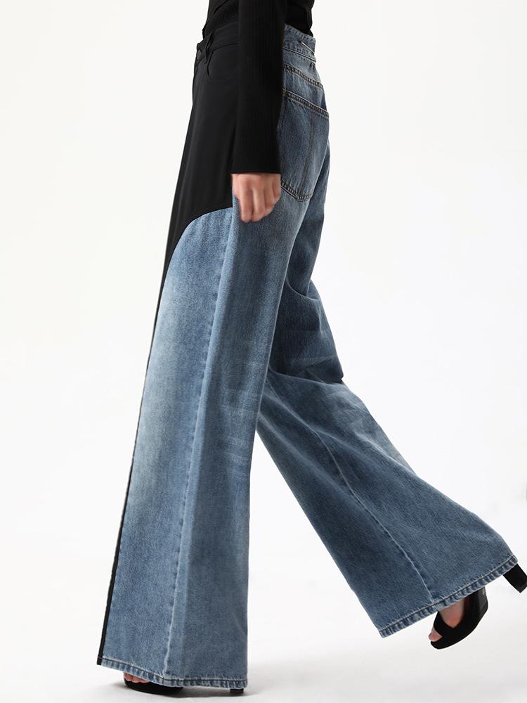 Herbst Europäischer Amerikanischer Stil Schwarz Blau Unregelmäßiger Patchwork Weiter Bein Laufsteg Jeans für Damen